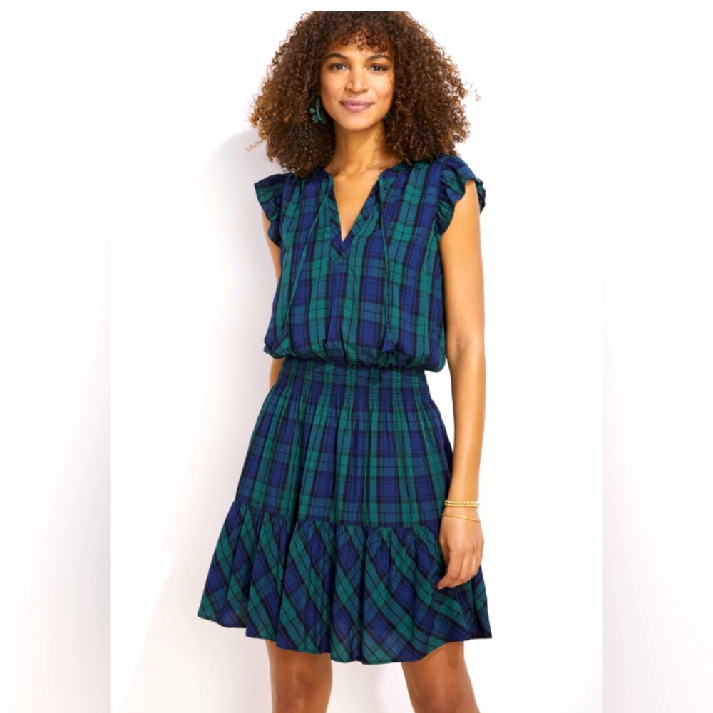 Vineyard Vines Blue and Green Plaid Ruffle Sleeve Dress